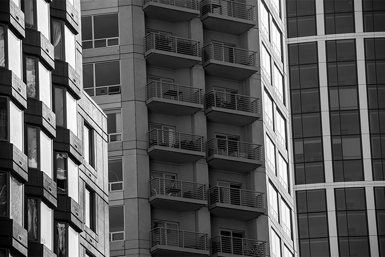 Balcony detail, Harrison St near Fremont St, San Francisco.  R. Blum and Associates Commercial Real Estate Appraisal. Photo 2014.