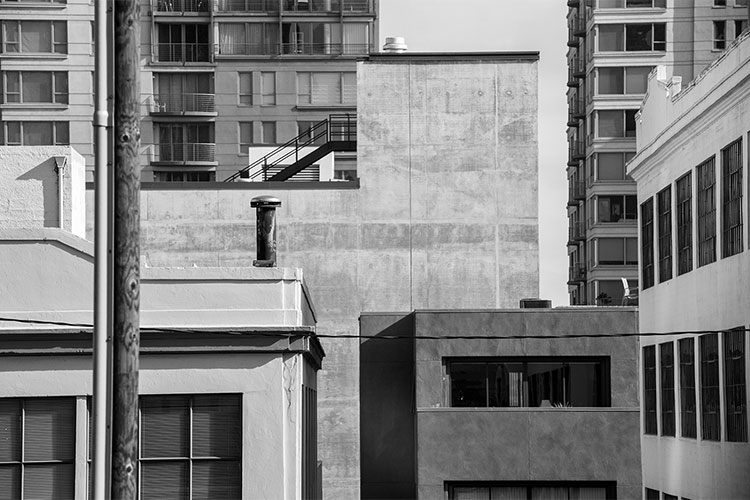 Office building detail from Bryant St, near 2nd st looking Southeast, San Francisco.  R. Blum and Associates Commercial Real Estate Appraisal. Photo 2014.